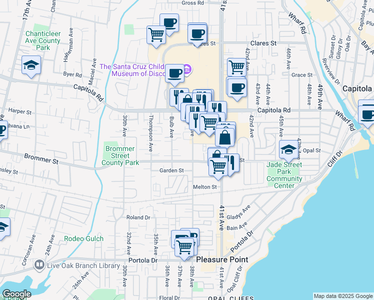 map of restaurants, bars, coffee shops, grocery stores, and more near 1371 38th Avenue in Santa Cruz