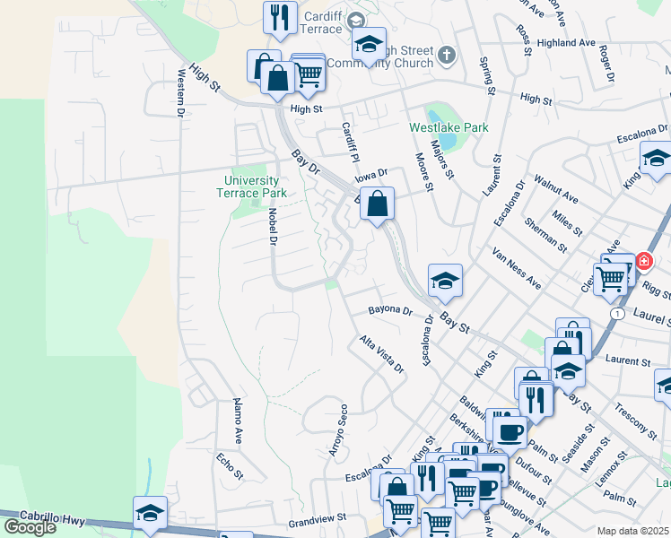 map of restaurants, bars, coffee shops, grocery stores, and more near 221 Palo Verde Terrace in Santa Cruz