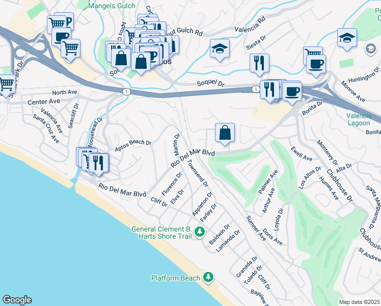 map of restaurants, bars, coffee shops, grocery stores, and more near Aptos Beach Dr & Rio Del Mar Blvd in Aptos