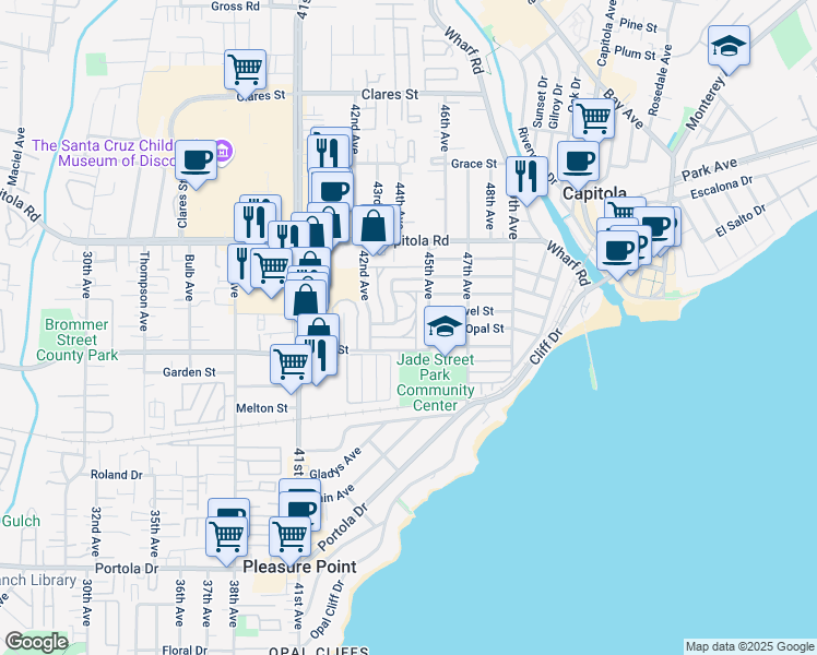 map of restaurants, bars, coffee shops, grocery stores, and more near 4455 Jade Street in Capitola