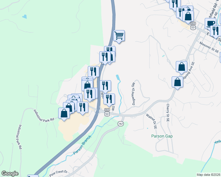 map of restaurants, bars, coffee shops, grocery stores, and more near 151 Woodland Drive Southwest in Wise