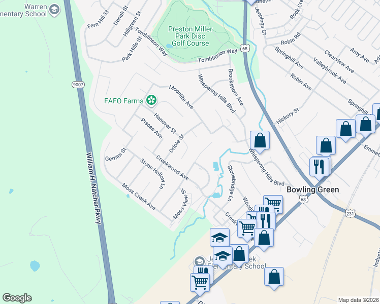 map of restaurants, bars, coffee shops, grocery stores, and more near 212 Hanover Court in Bowling Green