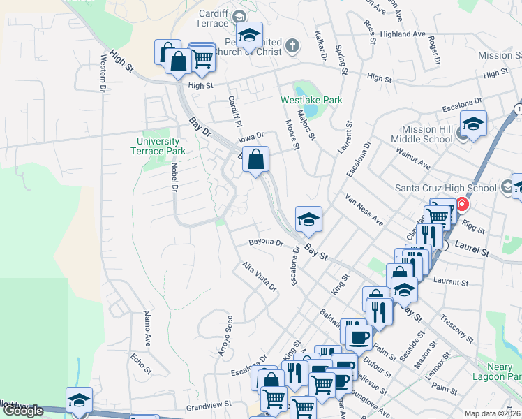 map of restaurants, bars, coffee shops, grocery stores, and more near 201 Crestview Terrace in Santa Cruz