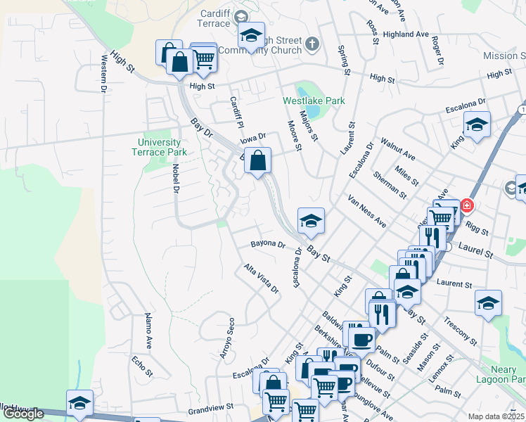 map of restaurants, bars, coffee shops, grocery stores, and more near 121 Palo Verde Terrace in Santa Cruz