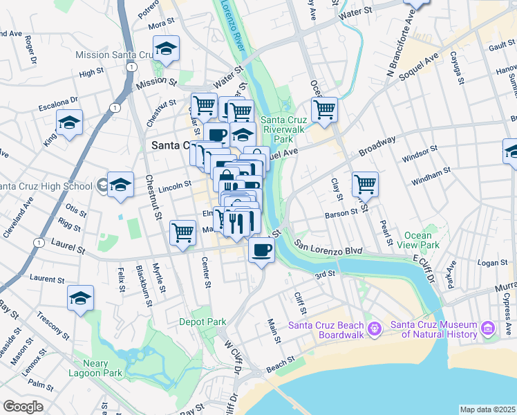 map of restaurants, bars, coffee shops, grocery stores, and more near 408 Front Street in Santa Cruz