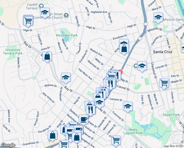 map of restaurants, bars, coffee shops, grocery stores, and more near 413 Van Ness Avenue in Santa Cruz