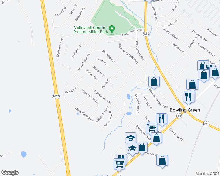 map of restaurants, bars, coffee shops, grocery stores, and more near 229 Hanover Court in Bowling Green