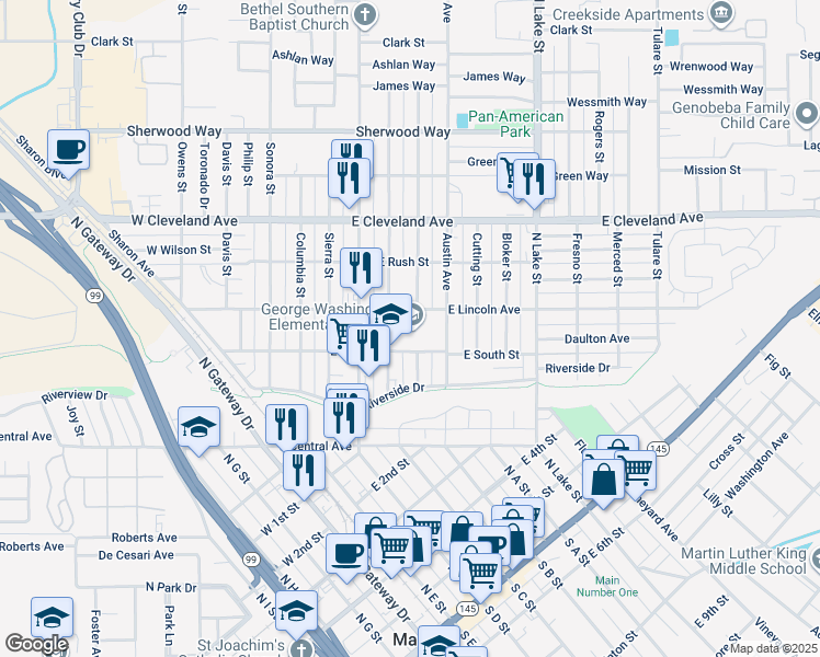 map of restaurants, bars, coffee shops, grocery stores, and more near 509 East South Street in Madera
