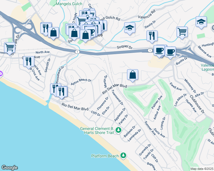map of restaurants, bars, coffee shops, grocery stores, and more near 231 Martin Drive in Aptos