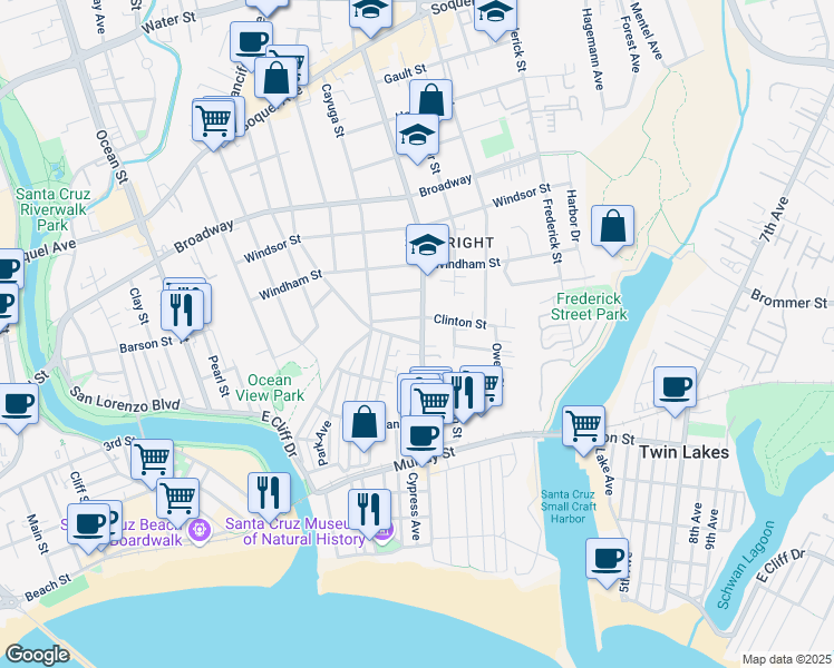 map of restaurants, bars, coffee shops, grocery stores, and more near 721 Seabright Avenue in Santa Cruz