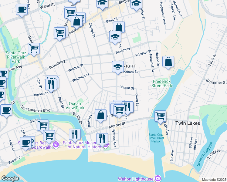 map of restaurants, bars, coffee shops, grocery stores, and more near 721 Seabright Avenue in Santa Cruz