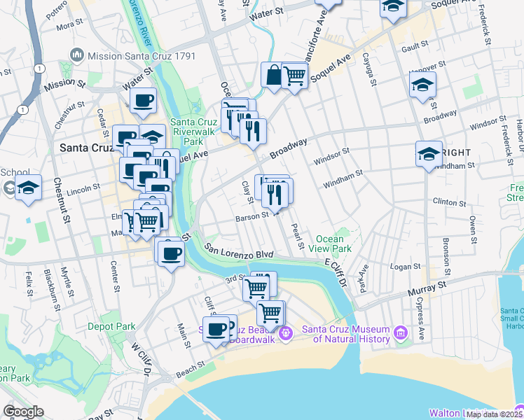 map of restaurants, bars, coffee shops, grocery stores, and more near 152 Bixby Street in Santa Cruz