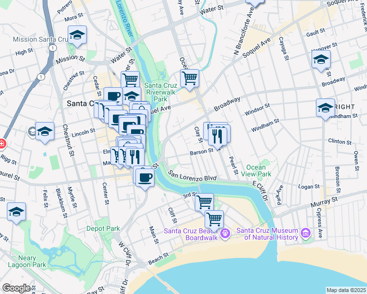 map of restaurants, bars, coffee shops, grocery stores, and more near 6 Barson Street in Santa Cruz
