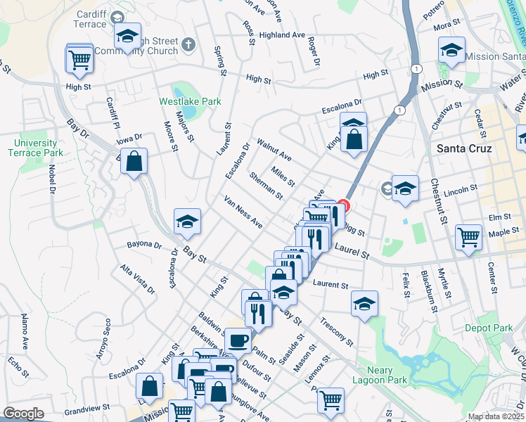 map of restaurants, bars, coffee shops, grocery stores, and more near 413 Van Ness Avenue in Santa Cruz