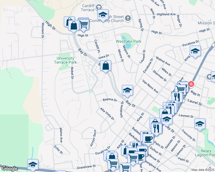map of restaurants, bars, coffee shops, grocery stores, and more near 201 Crestview Terrace in Santa Cruz