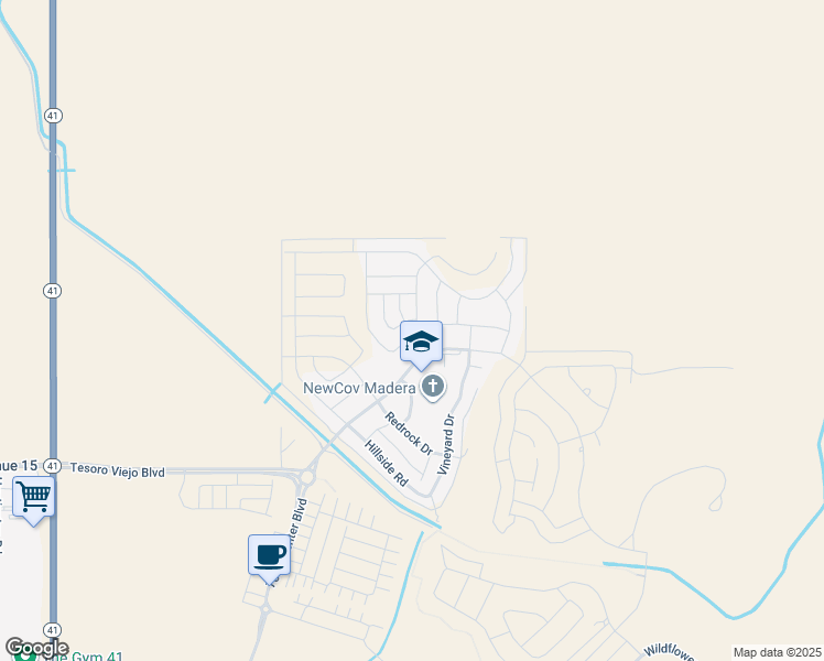 map of restaurants, bars, coffee shops, grocery stores, and more near 819 Treasure Hills Drive in Madera