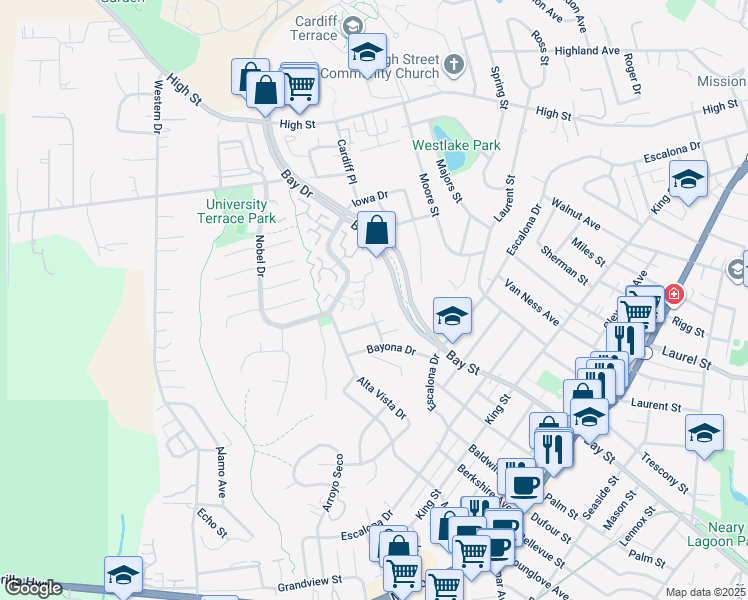 map of restaurants, bars, coffee shops, grocery stores, and more near 131 Palo Verde Terrace in Santa Cruz