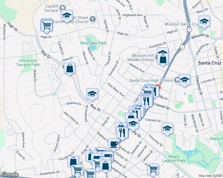 map of restaurants, bars, coffee shops, grocery stores, and more near 503 Van Ness Avenue in Santa Cruz