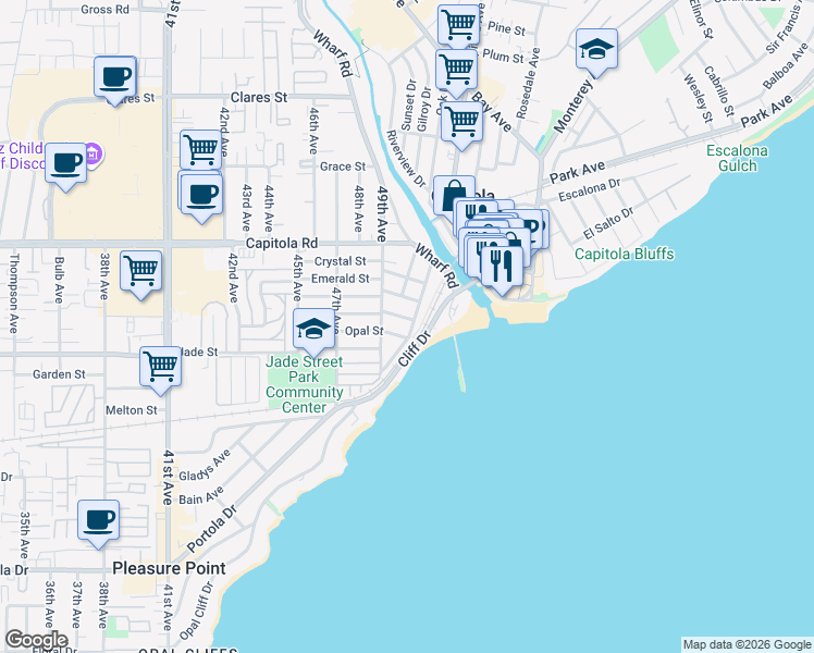 map of restaurants, bars, coffee shops, grocery stores, and more near 1405 Prospect Avenue in Capitola