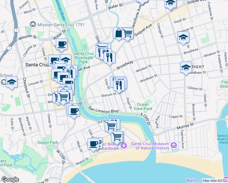 map of restaurants, bars, coffee shops, grocery stores, and more near 419 Barson Street in Santa Cruz