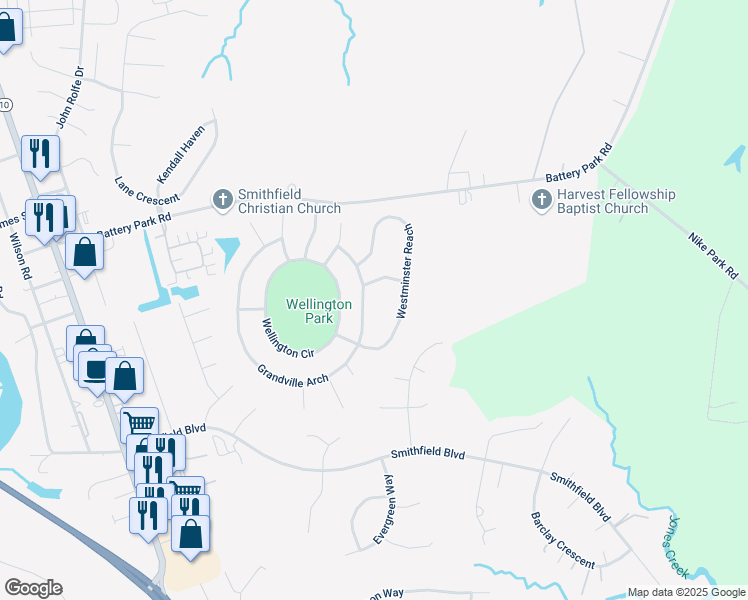 map of restaurants, bars, coffee shops, grocery stores, and more near 613 Westminster Reach in Smithfield