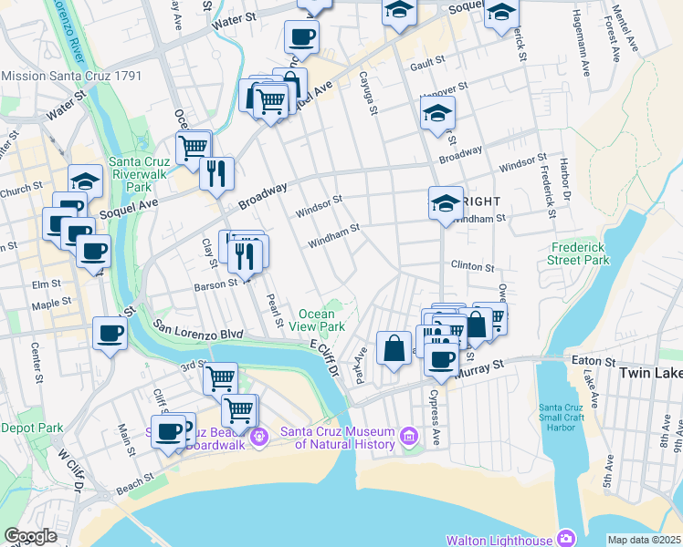 map of restaurants, bars, coffee shops, grocery stores, and more near 214 South Branciforte Avenue in Santa Cruz