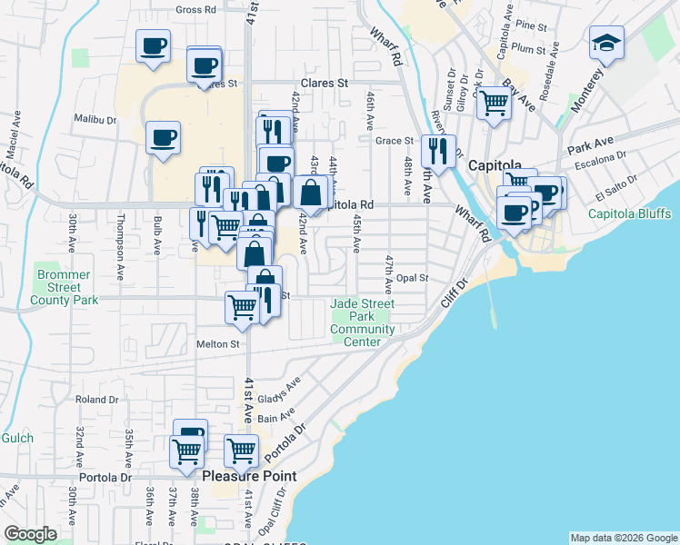 map of restaurants, bars, coffee shops, grocery stores, and more near 4455 Jade Street in Capitola