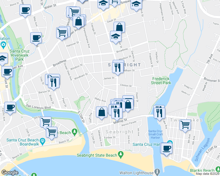 map of restaurants, bars, coffee shops, grocery stores, and more near 721 Seabright Avenue in Santa Cruz