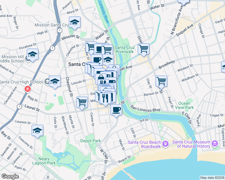 map of restaurants, bars, coffee shops, grocery stores, and more near 408 Front Street in Santa Cruz