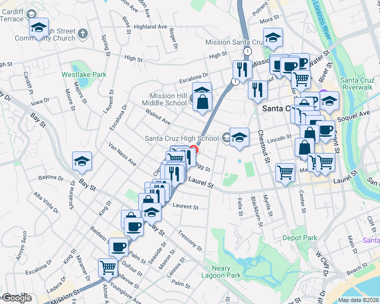 map of restaurants, bars, coffee shops, grocery stores, and more near 1108 Mission Street in Santa Cruz