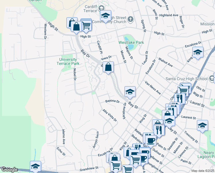 map of restaurants, bars, coffee shops, grocery stores, and more near 201 Crestview Terrace in Santa Cruz