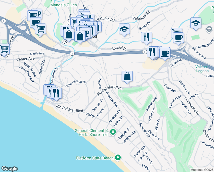 map of restaurants, bars, coffee shops, grocery stores, and more near 534 Beach Drive in Aptos