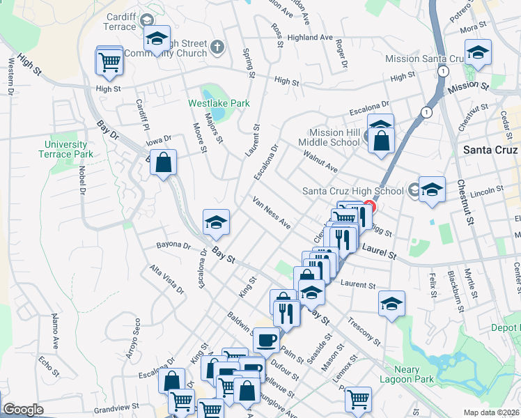map of restaurants, bars, coffee shops, grocery stores, and more near 503 Van Ness Avenue in Santa Cruz