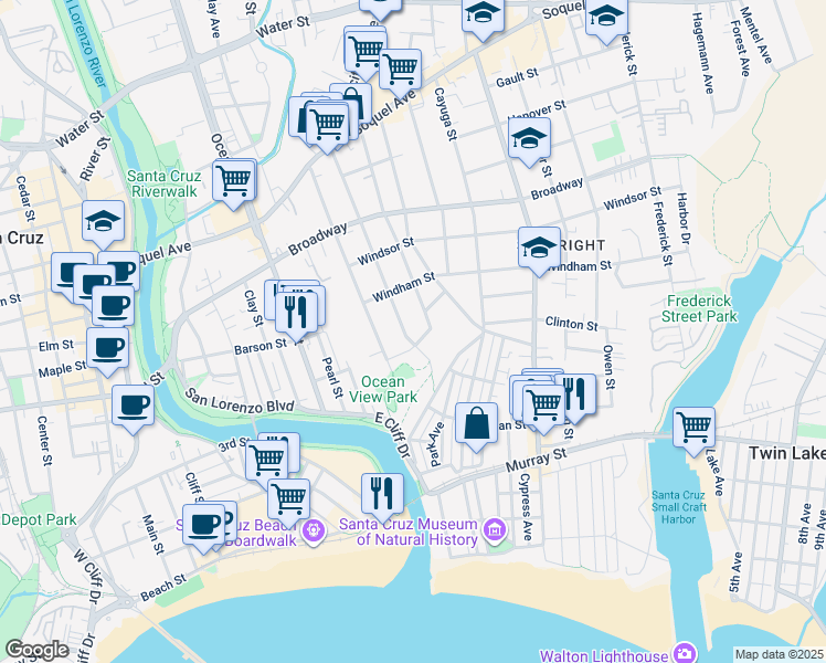 map of restaurants, bars, coffee shops, grocery stores, and more near 214 South Branciforte Avenue in Santa Cruz
