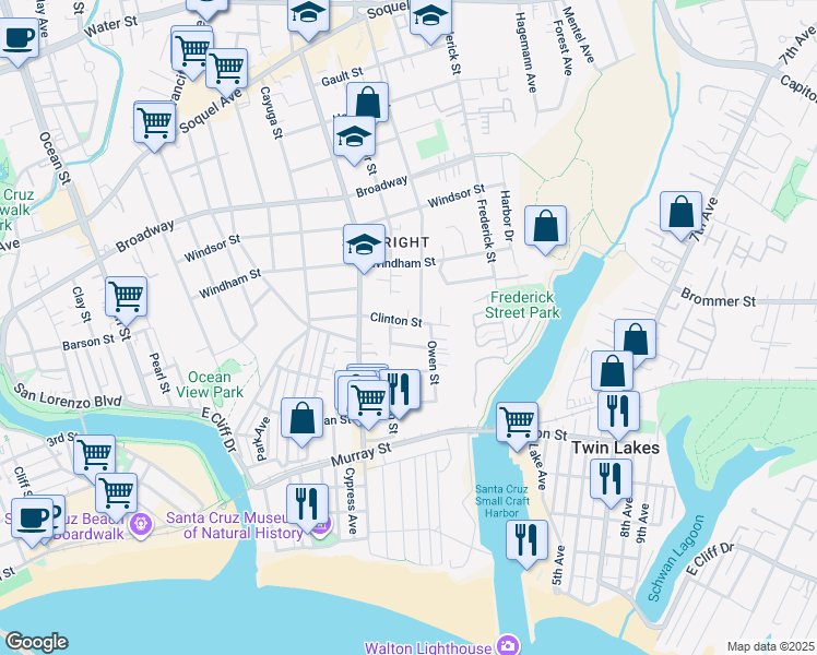 map of restaurants, bars, coffee shops, grocery stores, and more near 315 Owen Street in Santa Cruz