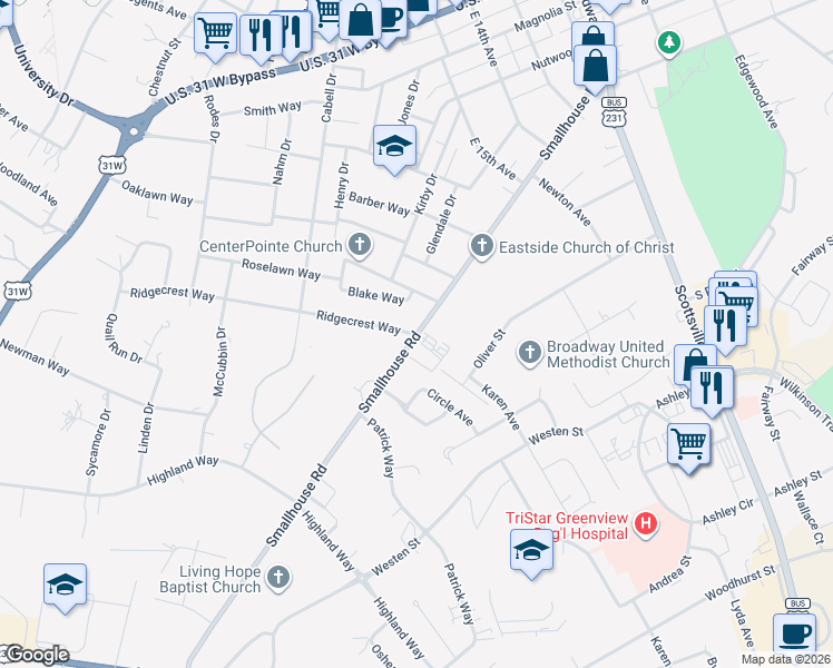 map of restaurants, bars, coffee shops, grocery stores, and more near 1114 Ridgecrest Way in Bowling Green