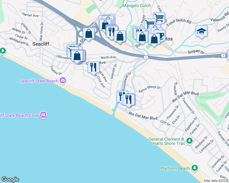 map of restaurants, bars, coffee shops, grocery stores, and more near 119 Glen Drive in Aptos