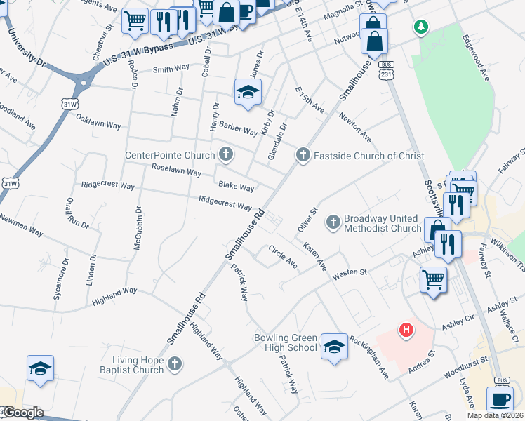 map of restaurants, bars, coffee shops, grocery stores, and more near 1999 Smallhouse Road in Bowling Green