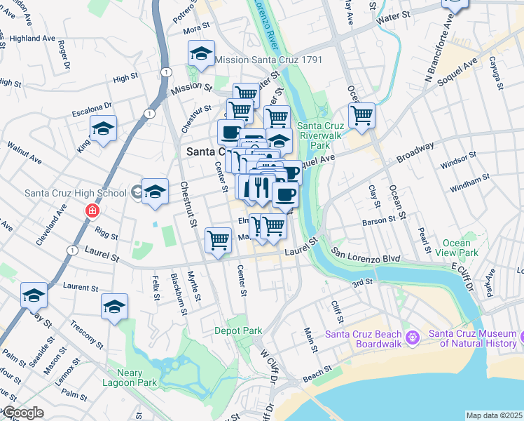map of restaurants, bars, coffee shops, grocery stores, and more near 233 Cathcart Street in Santa Cruz