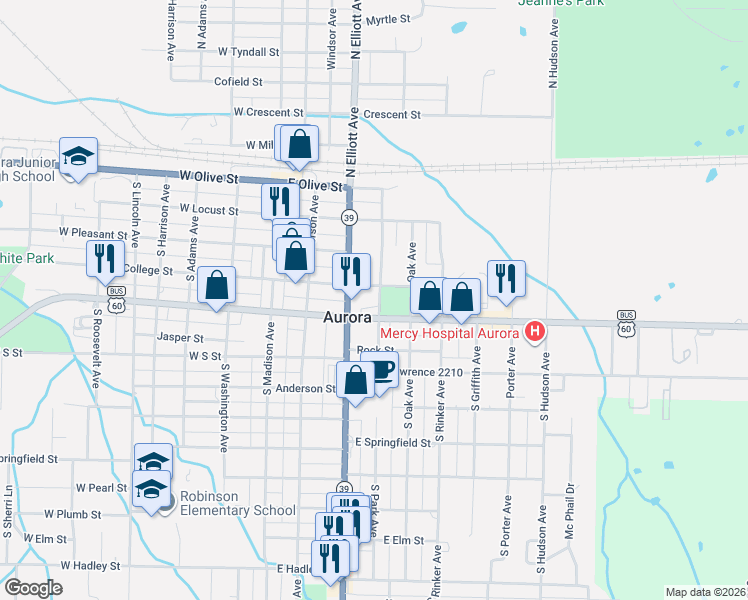 map of restaurants, bars, coffee shops, grocery stores, and more near 215 East College Street in Aurora