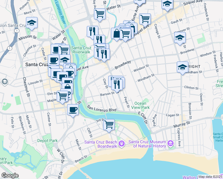 map of restaurants, bars, coffee shops, grocery stores, and more near 419 Barson Street in Santa Cruz