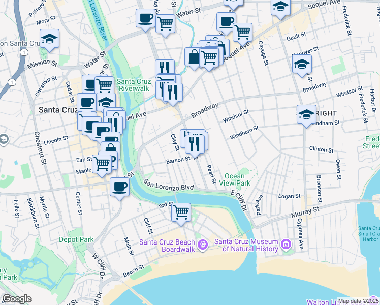 map of restaurants, bars, coffee shops, grocery stores, and more near 315 Ocean Street in Santa Cruz