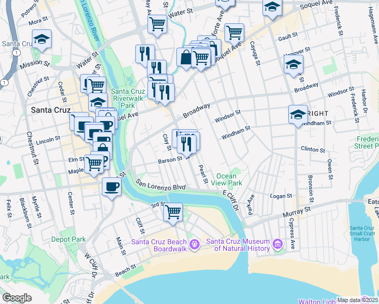 map of restaurants, bars, coffee shops, grocery stores, and more near 330 Ocean Street in Santa Cruz