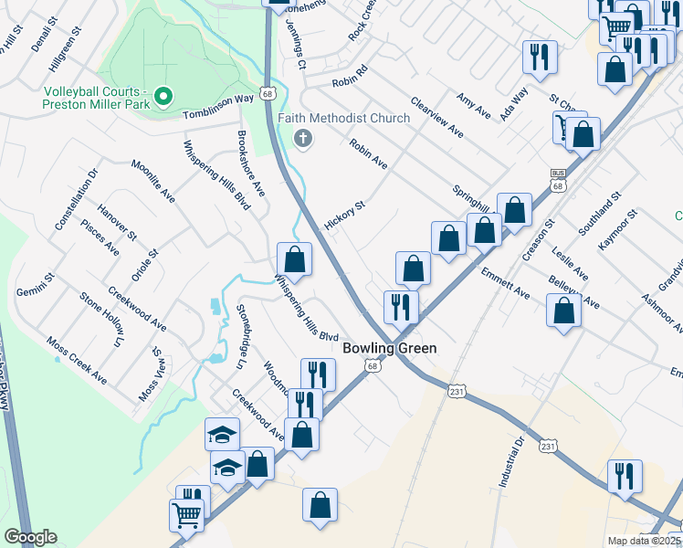map of restaurants, bars, coffee shops, grocery stores, and more near 210 Veterans Memorial Lane in Bowling Green