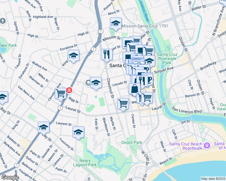 map of restaurants, bars, coffee shops, grocery stores, and more near 402 Lincoln Street in Santa Cruz
