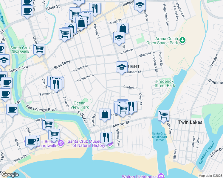 map of restaurants, bars, coffee shops, grocery stores, and more near 424 Cayuga Street in Santa Cruz