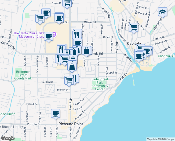 map of restaurants, bars, coffee shops, grocery stores, and more near 1470 42nd Avenue in Capitola