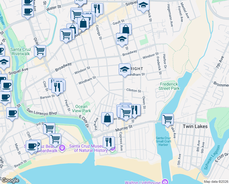 map of restaurants, bars, coffee shops, grocery stores, and more near 424 Cayuga Street in Santa Cruz