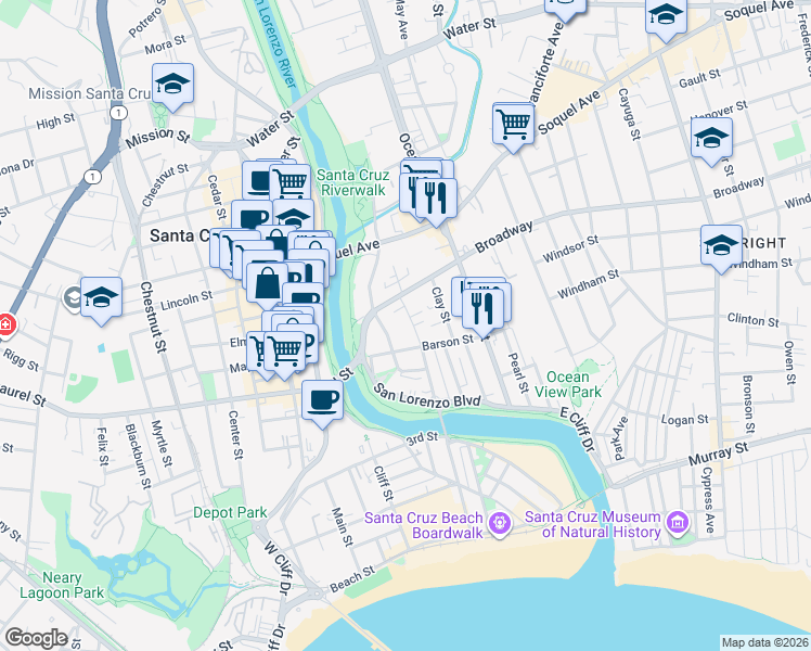 map of restaurants, bars, coffee shops, grocery stores, and more near 224 Broadway in Santa Cruz