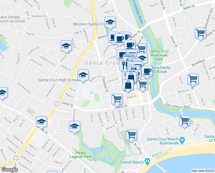 map of restaurants, bars, coffee shops, grocery stores, and more near 402 Lincoln Street in Santa Cruz